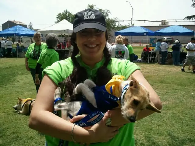 Jen volunteering at an animal shelter adoption event.