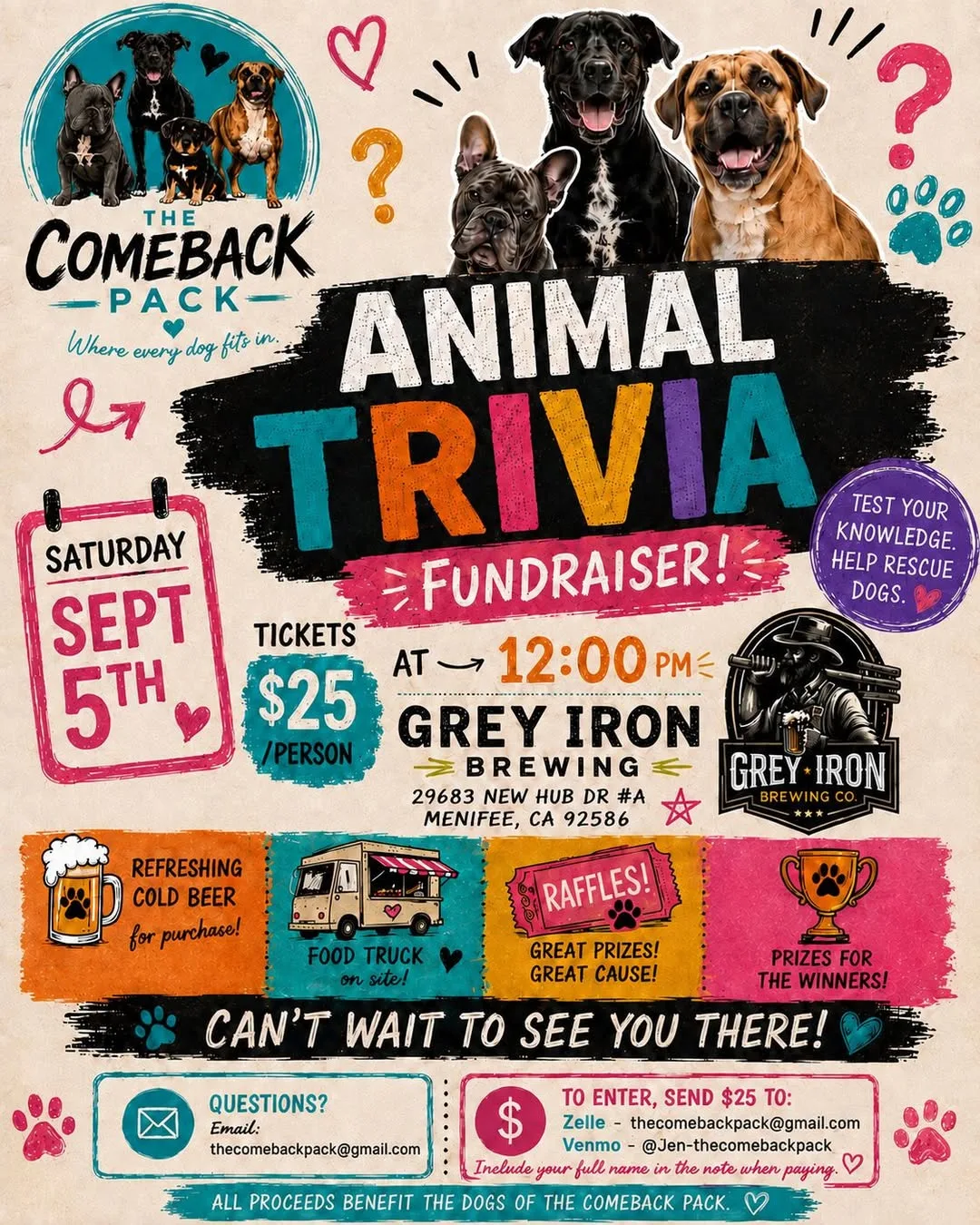 Animal Trivia Fundraiser flyer for The Comeback Pack, Saturday, September 5, 2026, 12:00 PM at Grey Iron Brewing Co. in Menifee, CA