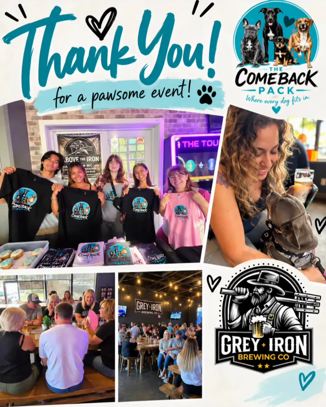 The Comeback Pack's "Thank You for a pawsome event!" collage from Animal Trivia: volunteers holding up Comeback Pack t-shirts, a full room of trivia players at Grey Iron Brewing, a woman cuddling a grey French bulldog, and the Grey Iron Brewing Co. logo