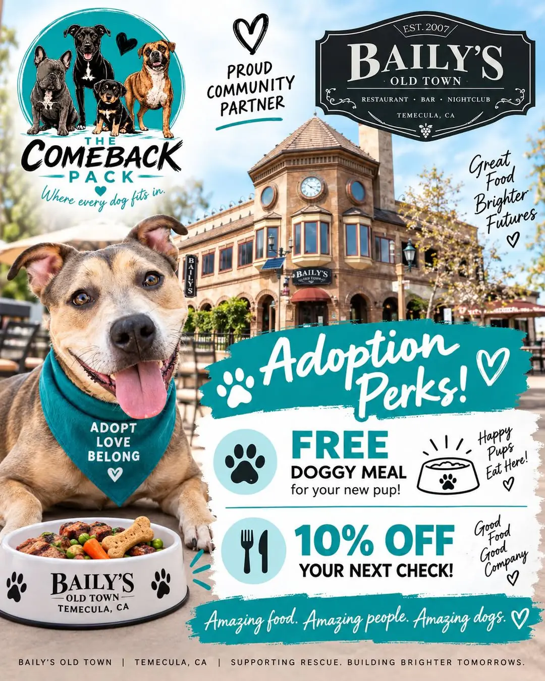 The Comeback Pack and Baily's Old Town "Adoption Perks" graphic: a grey and white pit bull mix in a blue bandana beside the Baily's Old Town storefront, announcing a free doggy meal for adopted pups and 10% off the next check