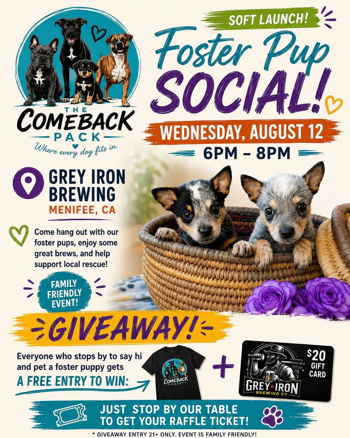 Foster Pup Social soft-launch flyer for Wednesday, August 12, 2026, 6-8pm at Grey Iron Brewing, Menifee, CA