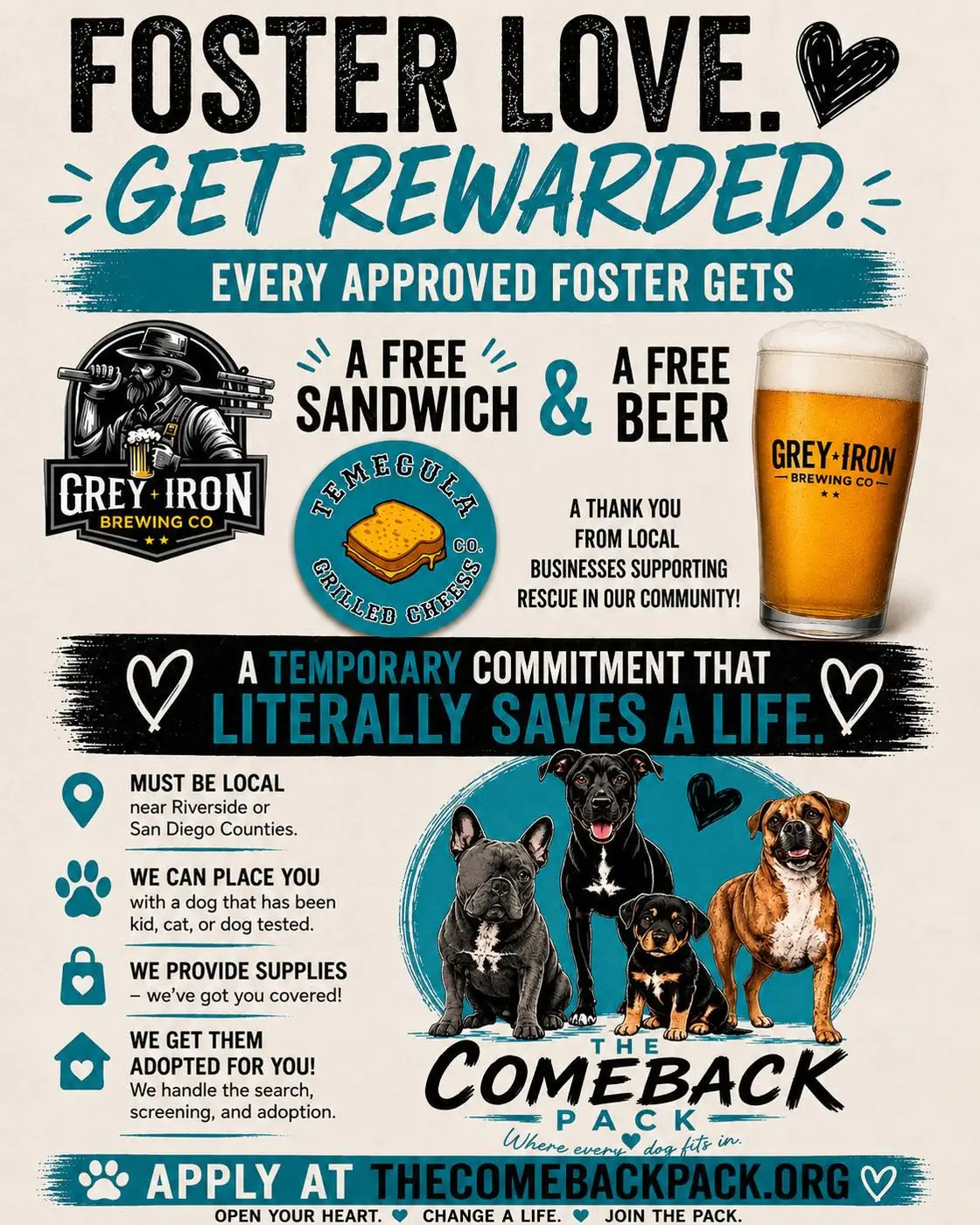 Foster Love, Get Rewarded flyer: every approved foster gets a free sandwich from Temecula Grilled Cheese Co. and a free beer from Grey Iron Brewing Co.