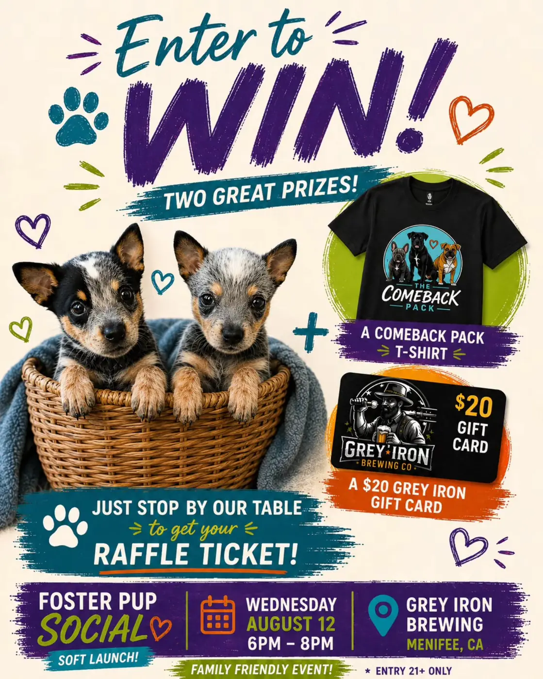 Raffle flyer: enter to win a Comeback Pack t-shirt or a $20 Grey Iron Brewing gift card by stopping by the table at the First Foster Social