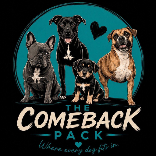 The Comeback Pack logo featuring four rescued dogs