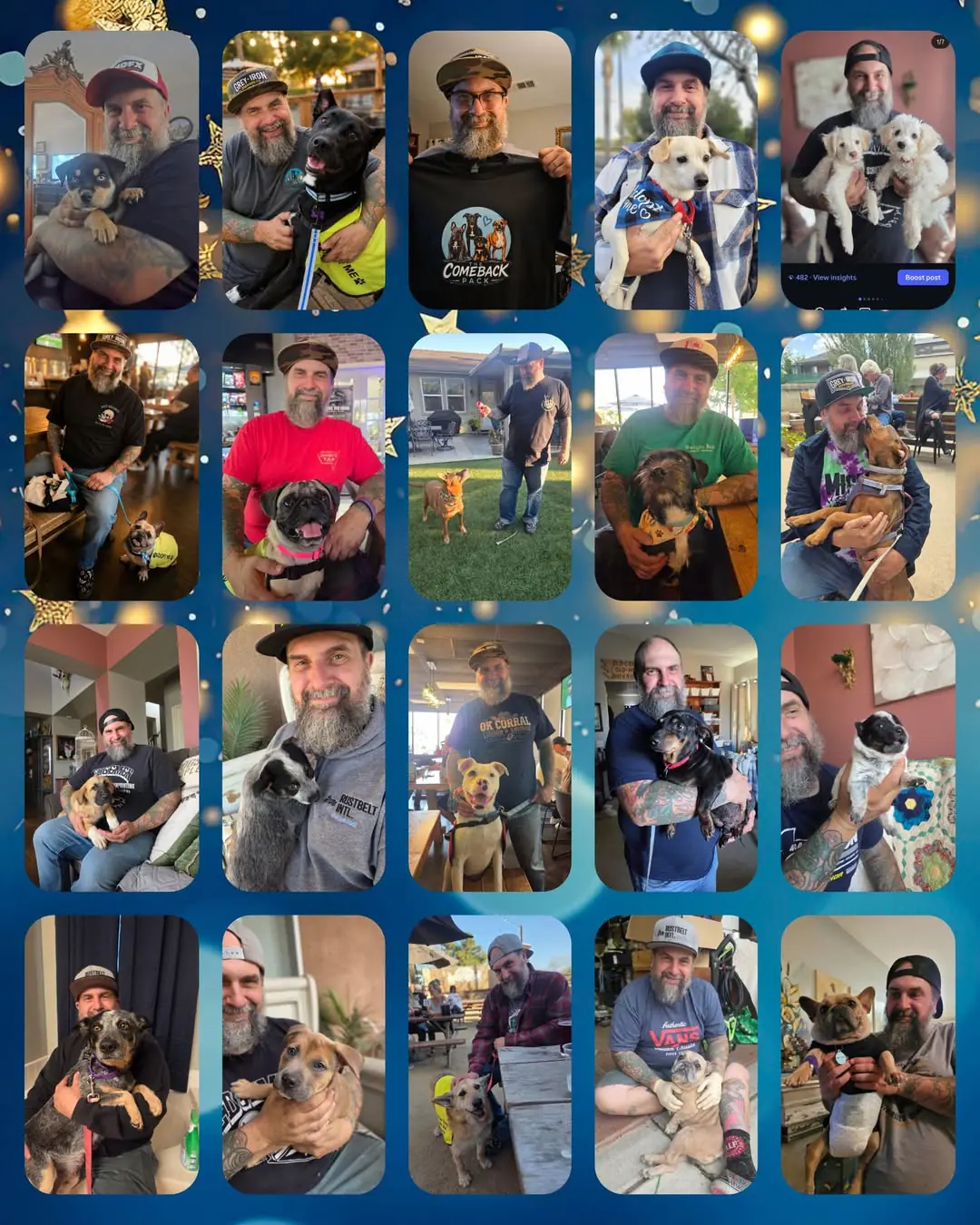 Collage of photos of Marc, a bearded man in a ball cap, smiling while holding many different rescue dogs and puppies across various settings