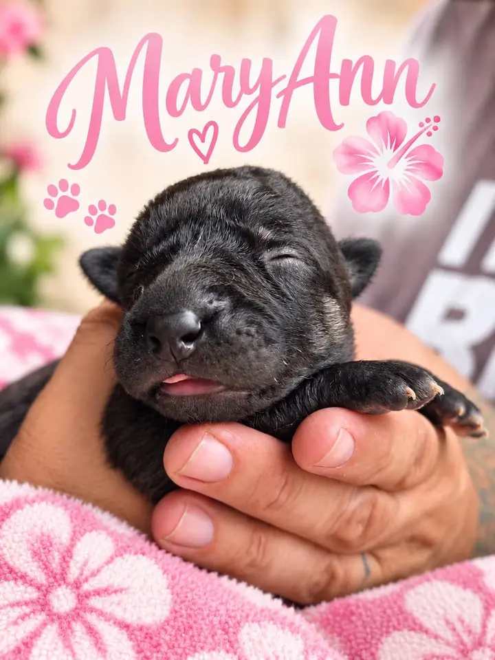 MaryAnn, a newborn black puppy with her eyes still closed and the tip of her tongue out, cradled in a hand on a pink flower-print blanket