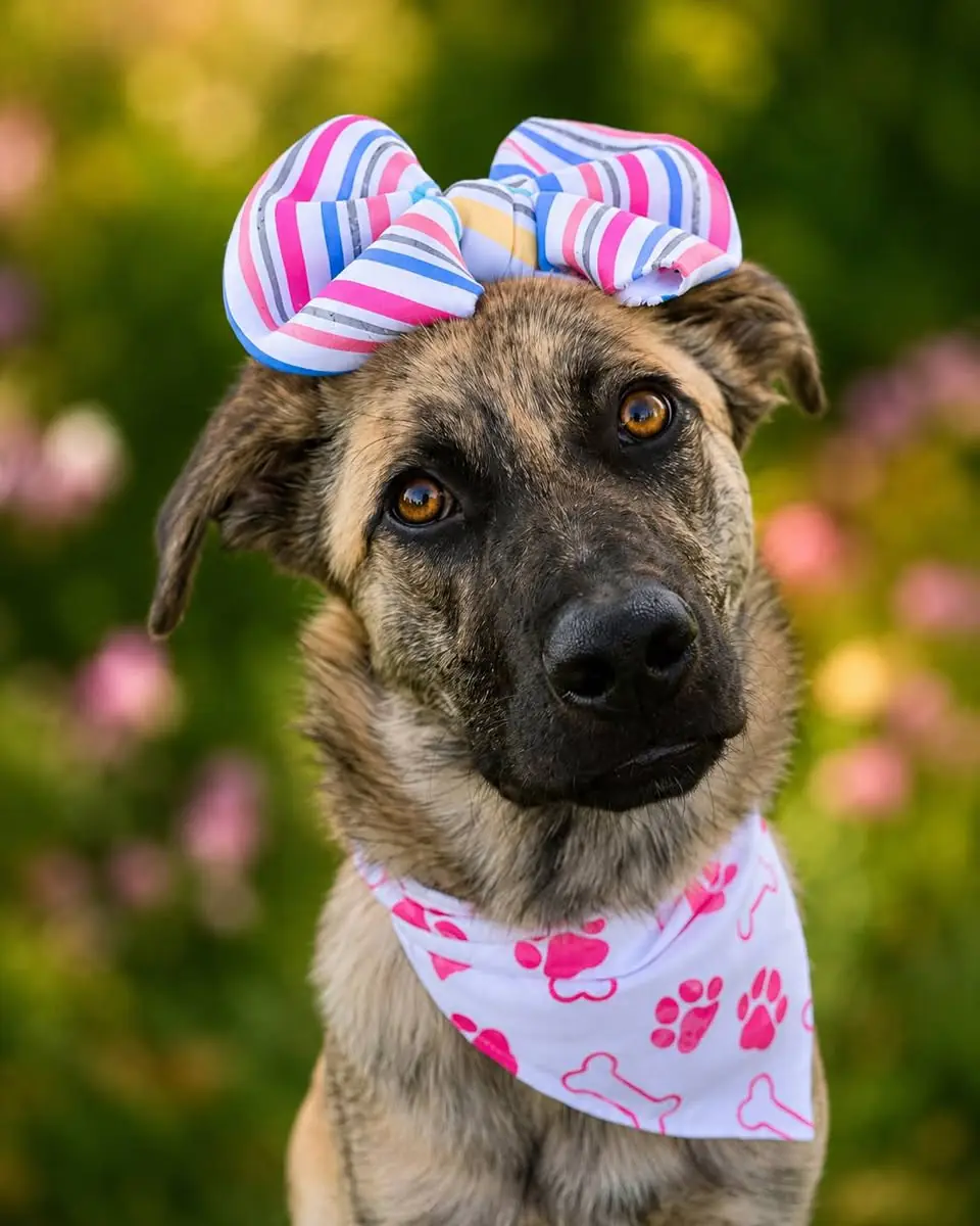Pretty, a brindled tan and black shepherd mix with a dark mask and amber eyes, wearing a striped bow headband and a pink paw-print bandana
