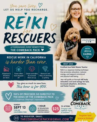 Reiki for Rescuers flyer: a fundraising event benefiting The Comeback Pack, Sunday, September 13, 2026, 9:00 AM California time, hosted by Jess and her dog Karma