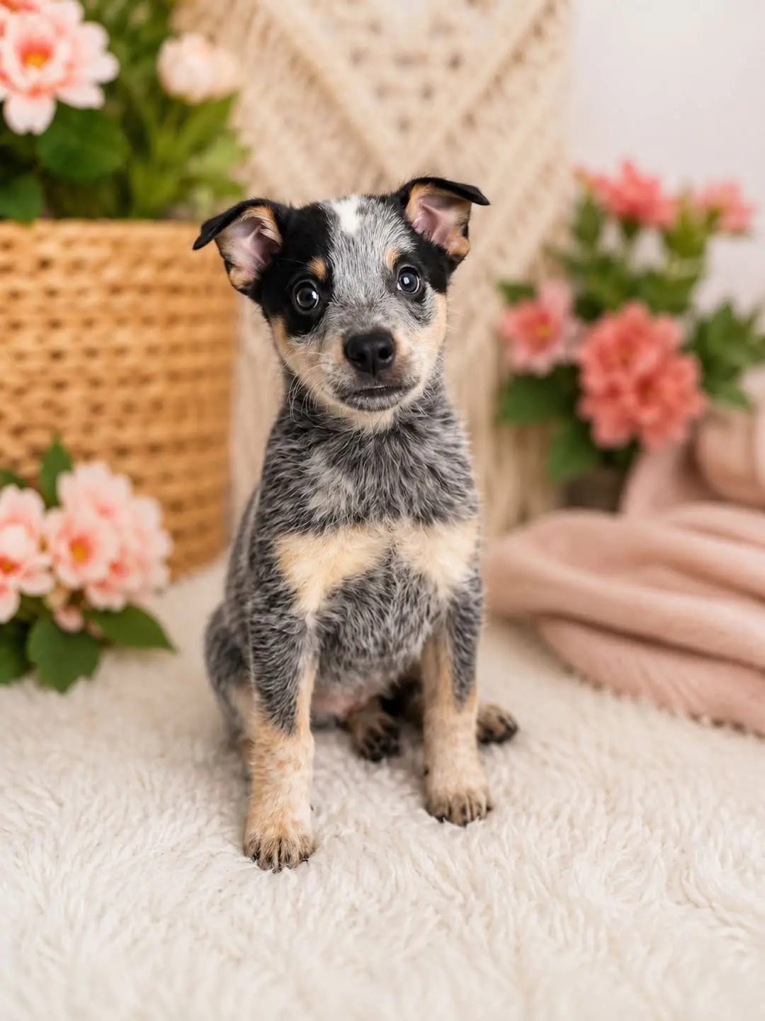 Sam Winchester, a Blue Heeler puppy, sitting on a fluffy blanket surrounded by flowers