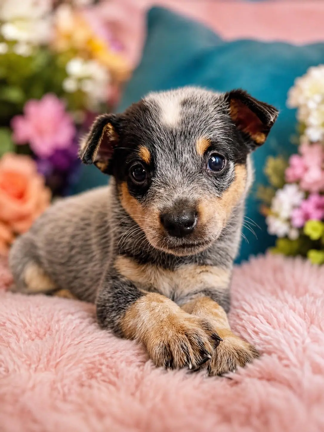 Sam Winchester, a Blue Heeler puppy, resting on a pink blanket surrounded by flowers