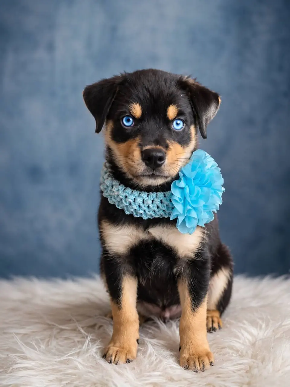 Stormy Skye, out of quarantine and wearing a blue flower collar, looking directly at the camera