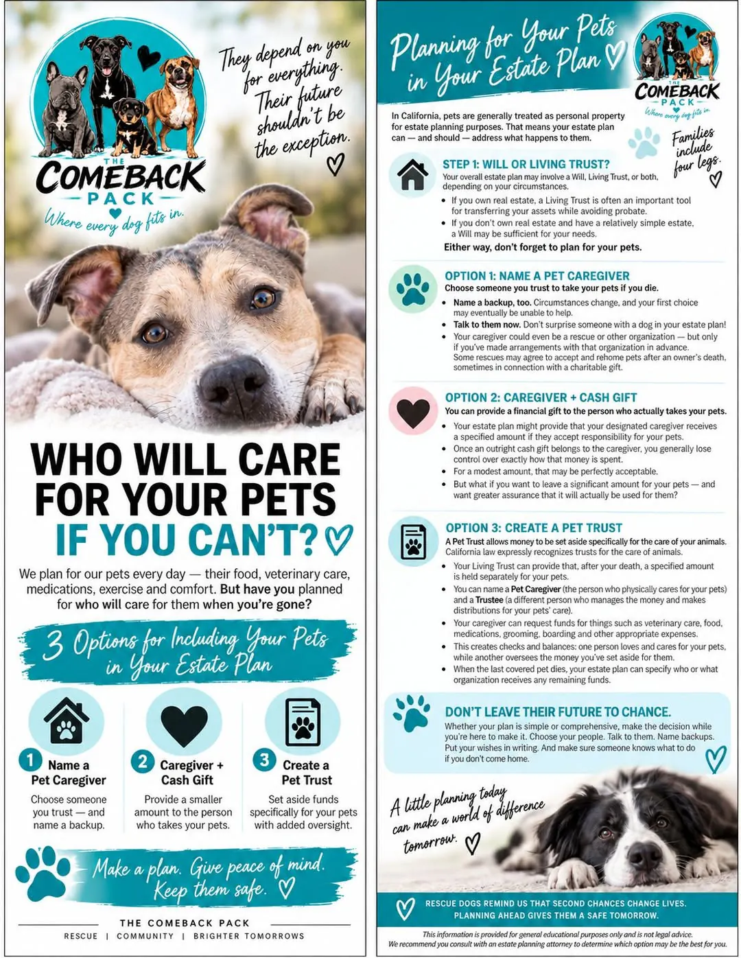The Comeback Pack's two-page 'Who Will Care for Your Pets If You Can't?' guide: a tan dog resting its head on a blanket beside three options for including pets in an estate plan, and a back page walking through a will or living trust, a pet caregiver, a caregiver plus cash gift, and a pet trust