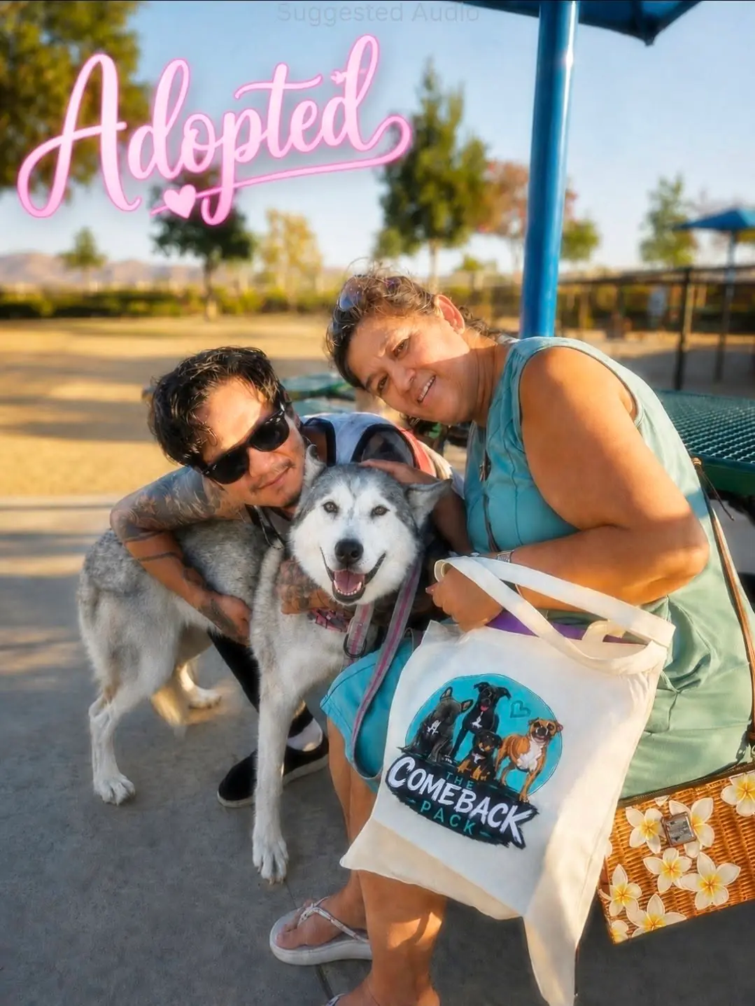 Anna and her newly adopted dog Willowdean on a leash walk, with an "Adopted" graphic overlay