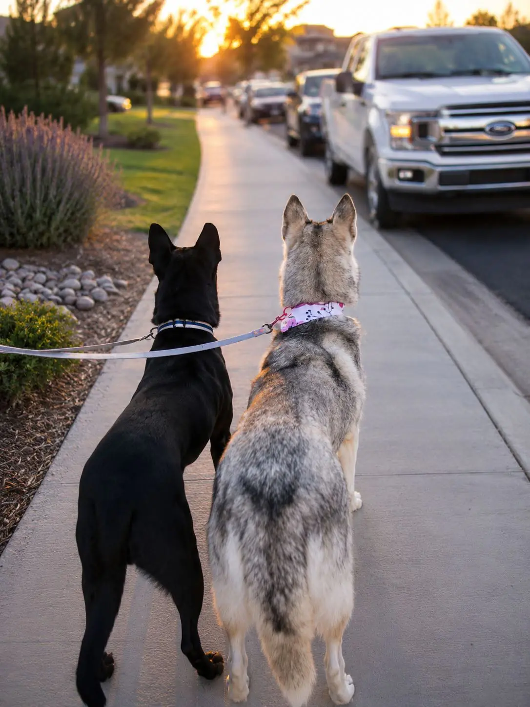 Willowdean and Dumplin' on a leash walk together at sunset